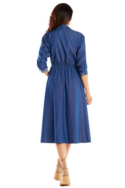 Sukienka Midi Rozkloszowana Z Wiskozy Gumka Długi Rękaw - niebieska
